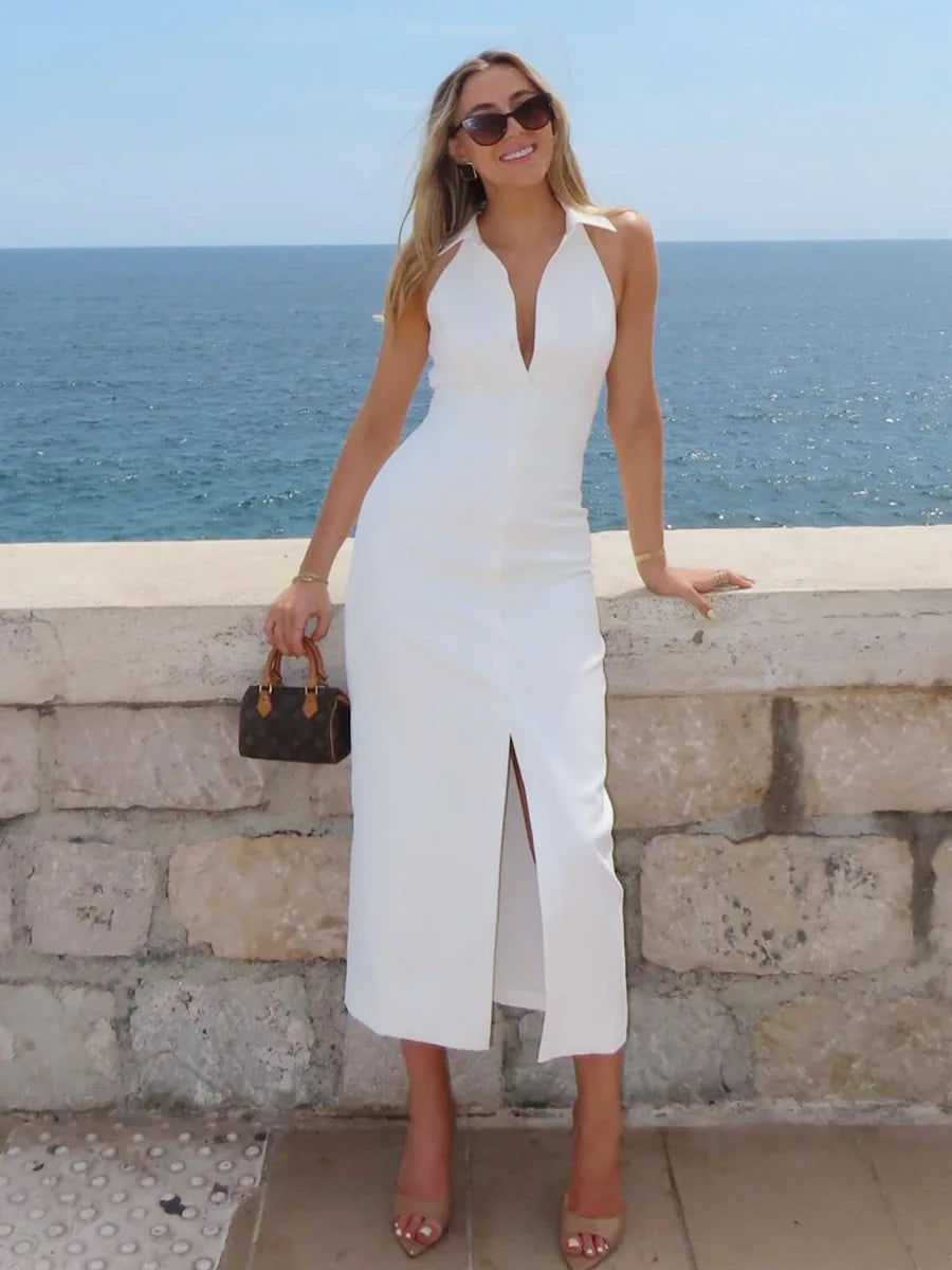 The Alessia Linen Shirt Dress | Midi Shirt Dress with Side Slit