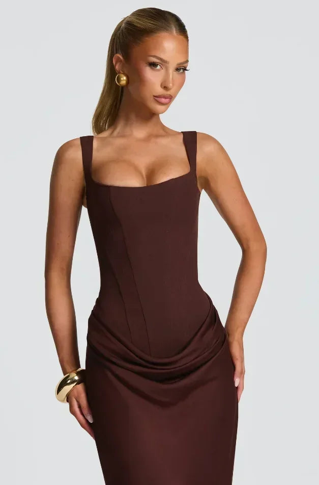 The Genevieve Pleated Midi Dress | Square Neck Midi Dress